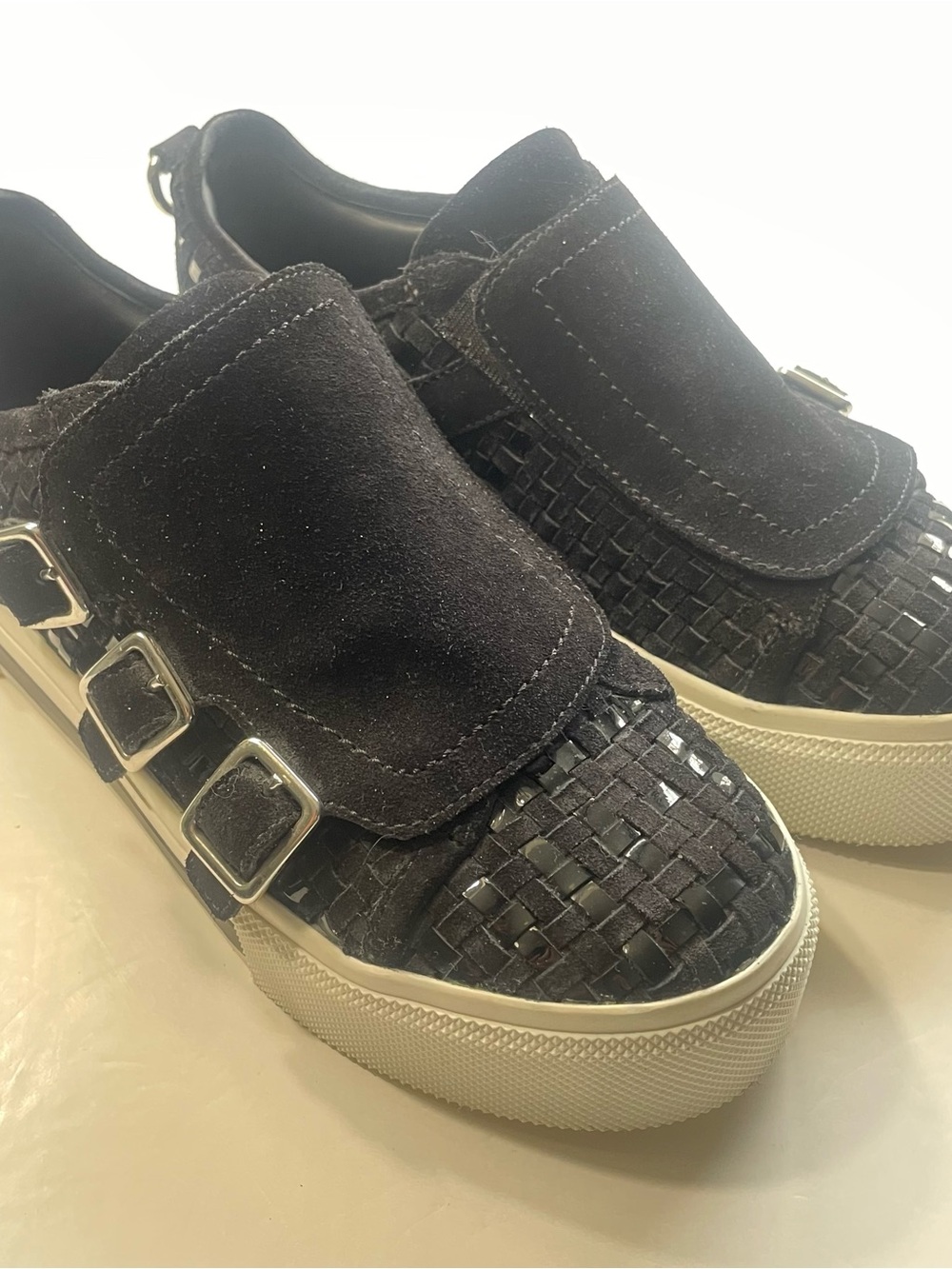 Alexander McQueen 417194 Black Suede Patent Leather Buckle Platform Shoes EU 39